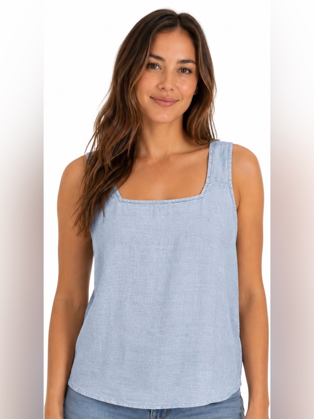 Tahari 100% Hemp Blue Square Neck Tank Lightweight Breathable Layer Sz M